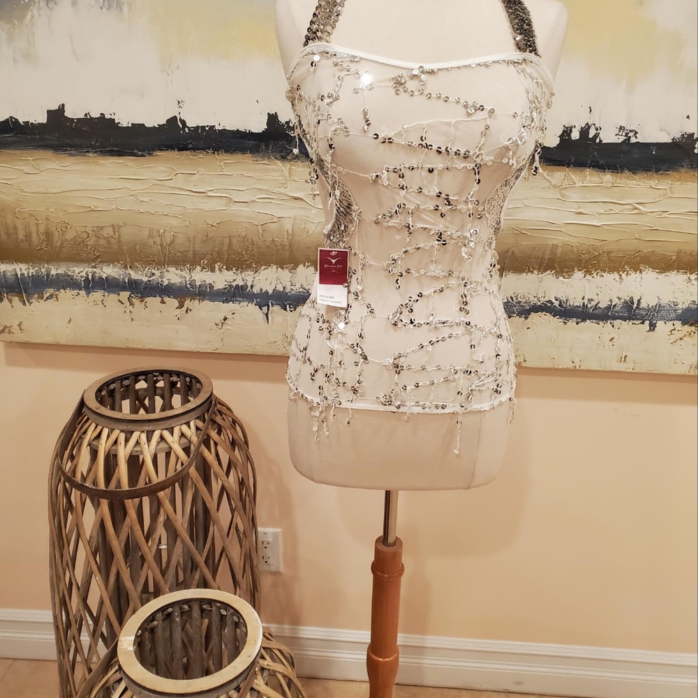 SEXY WHITE EMBELLISHED SHEER MESH FITTED TOP (ONE SIZE)